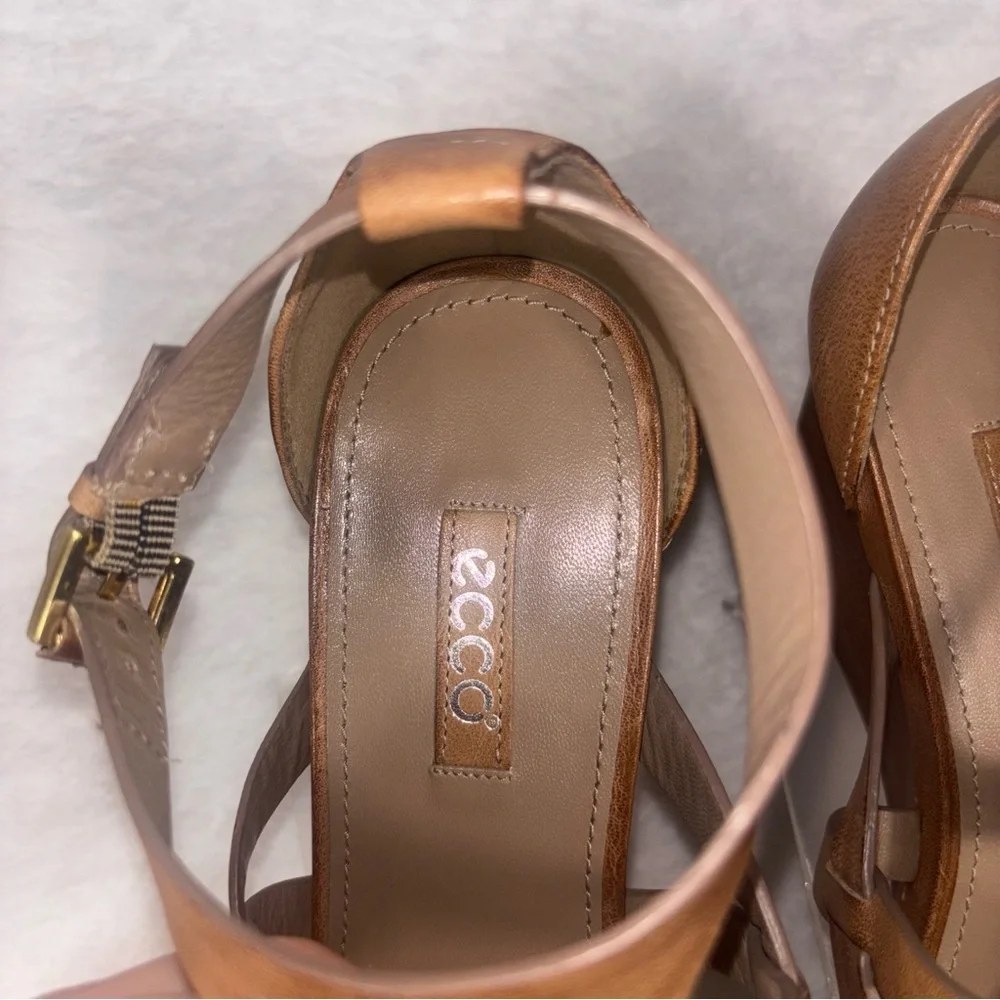 Ecco Kalac Strap‎ Platform Wedge Sandals Womens 40 Tan Floral Leather Open Shoe